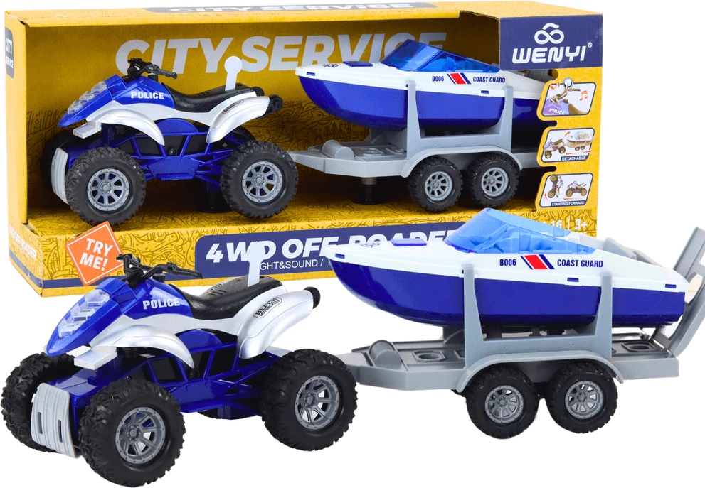 Lean Toys Policijos keturratis su priekaba ir motorine valtimi