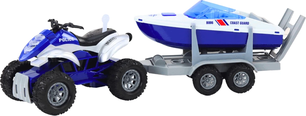 Lean Toys Policijos keturratis su priekaba ir motorine valtimi