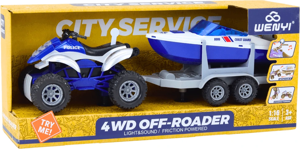 Lean Toys Policijos keturratis su priekaba ir motorine valtimi