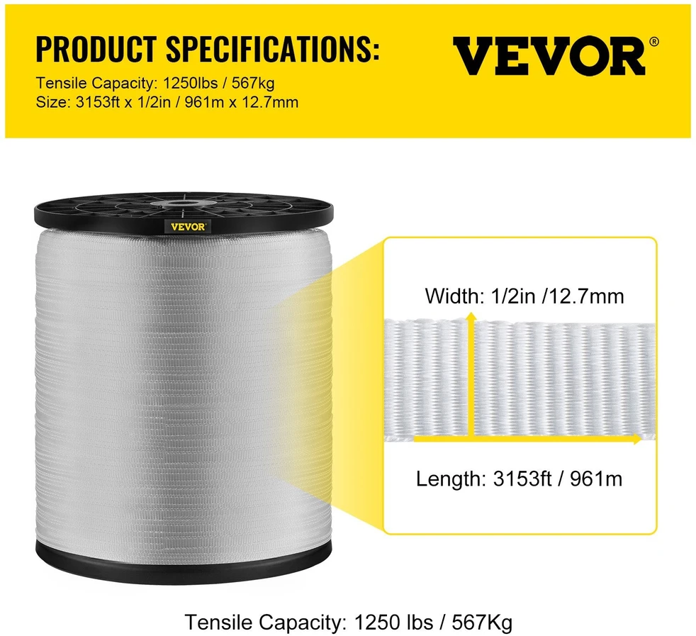 VEVOR 567 kg poliesterinė traukimo juosta, 961 m x 12,7 mm
