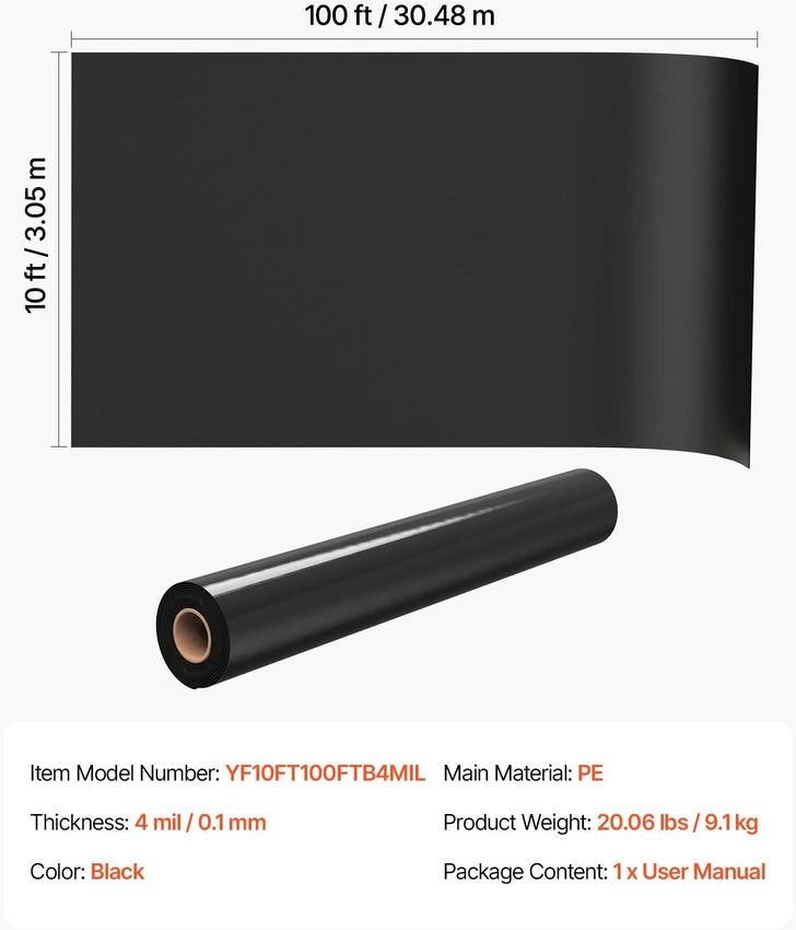 Polietileno plėvelė VEVOR YF10FT100FTB4MIL, 3,05 x 30,48 m, 0,1 mm
