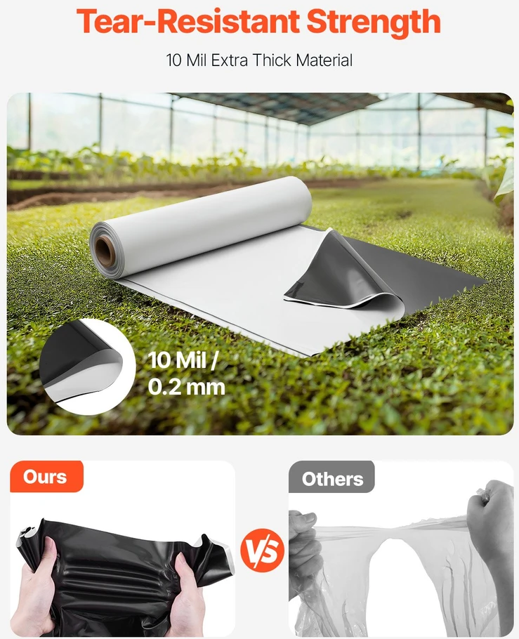 Vevor 10 mil plastiko plėvelės rulonas 10 x 100 FT juoda ir balta