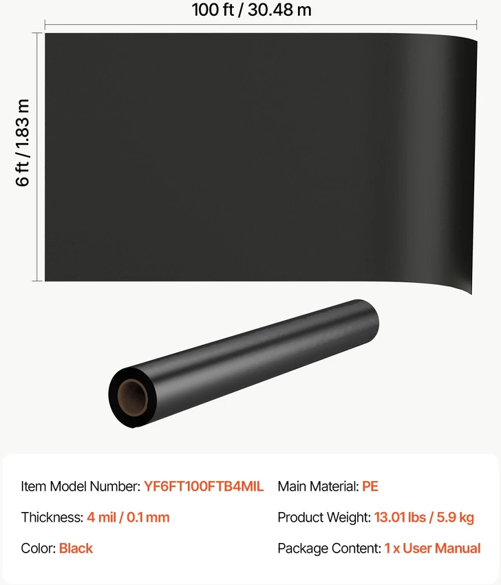 Polietileno plėvelė VEVOR YF6FT100FTB4MIL, 1,83 x 30,48 m