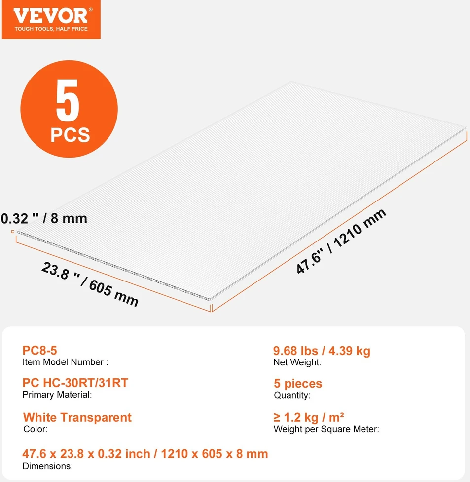 Vevor 5 dalių polikarbonato šiltnamio plokštės 1210x605x8 mm
