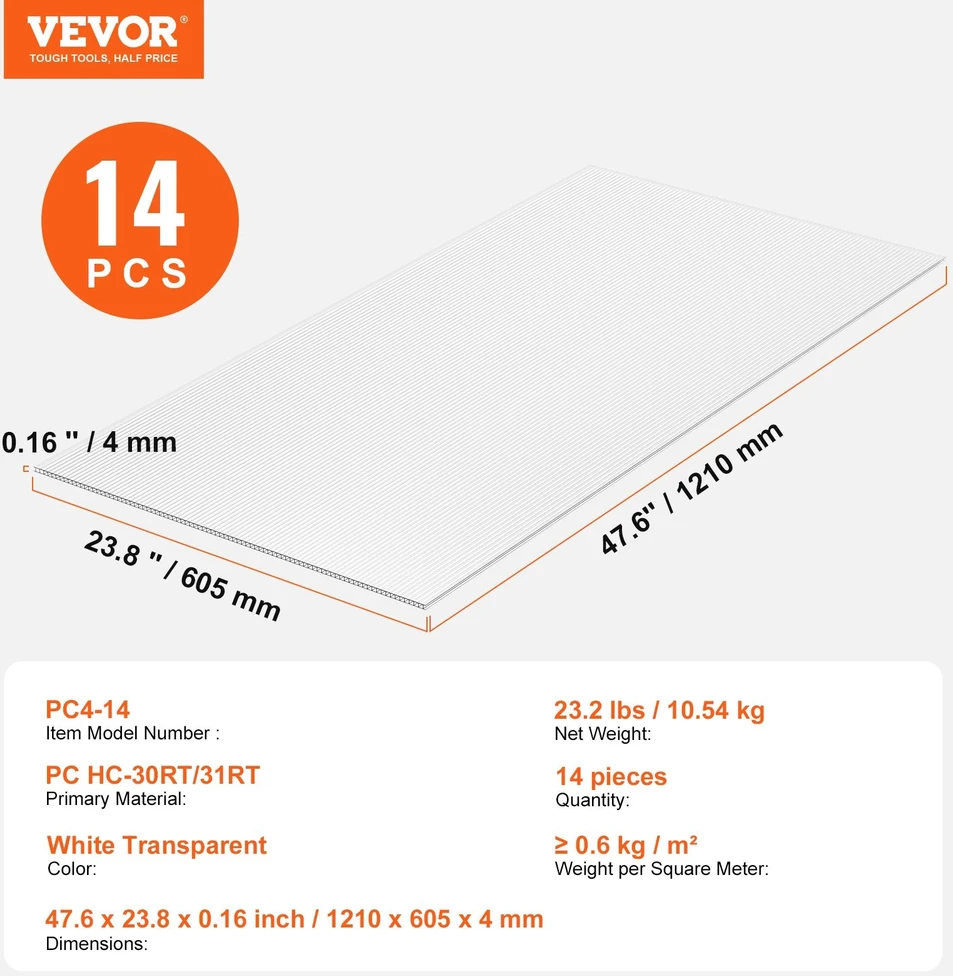 Vevor 14 polikarbonato šiltnamio plokštės 1210 x 605 x 4 mm