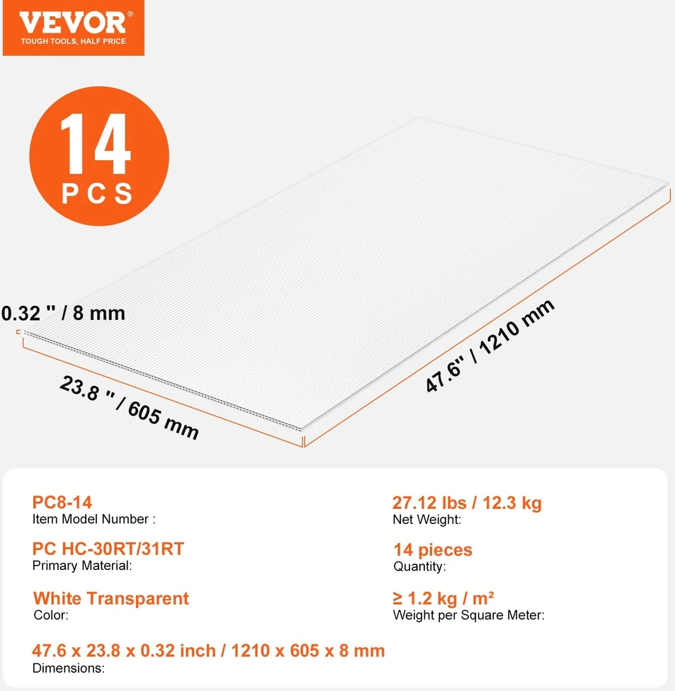 VEVOR 14 dalių polikarbonatinės šiltnamio plokštės 1210 x 605 mm