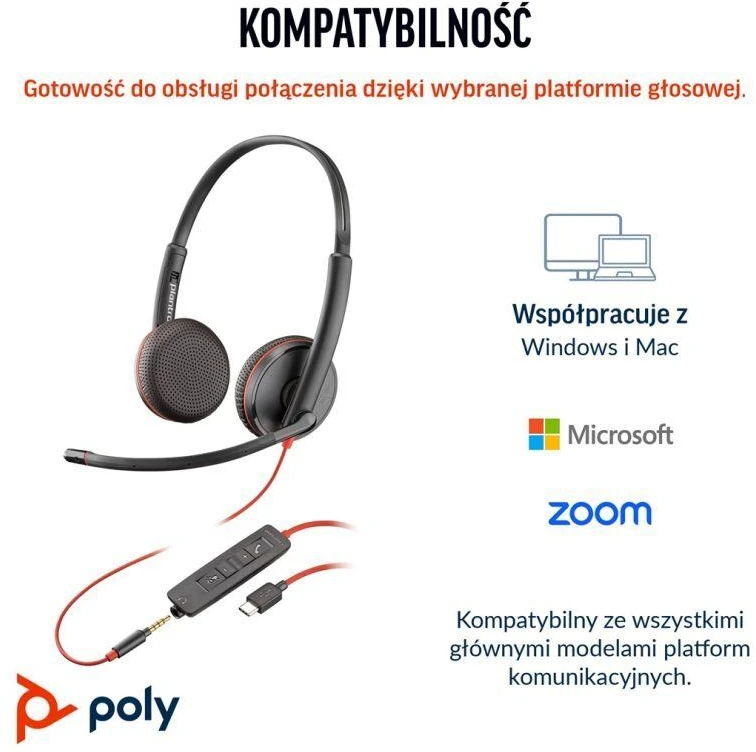 HP Poly „Poly Blackwire 3225“ stereofoninės ausinės su „USB-C“ jungtimi, 3,5 mm kištuku ir „USB-C/A“ tipo adapteriu (didelis kiekis)
