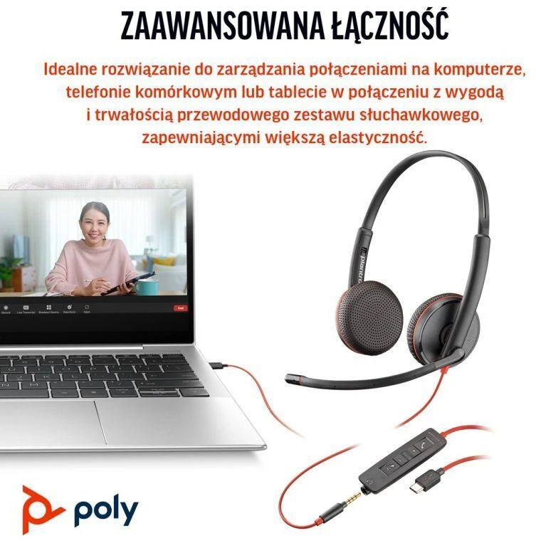 HP Poly „Poly Blackwire 3225“ stereofoninės ausinės su „USB-C“ jungtimi, 3,5 mm kištuku ir „USB-C/A“ tipo adapteriu (didelis kiekis)