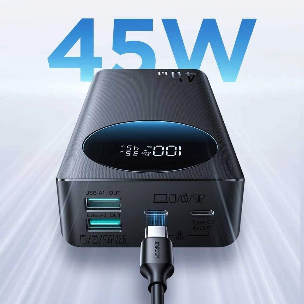 Išorinė baterija Joyroom JR-PBF02 Pro 20000 mAh 45 W su skaitmeniniu ekranu, 2x USB-A, 2x USB-C, juoda