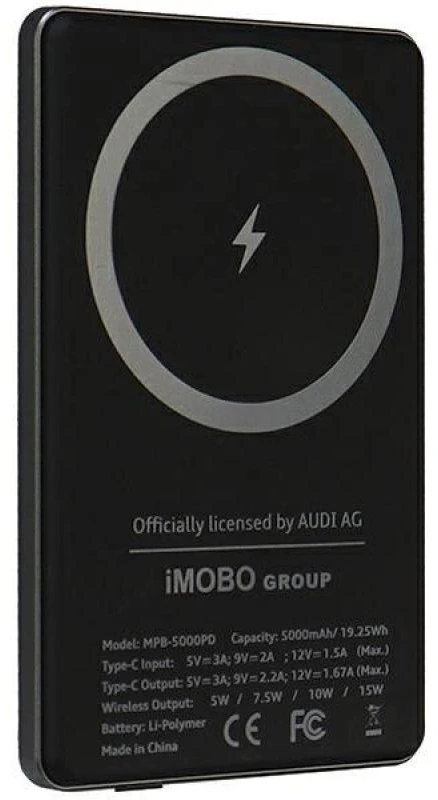 „Audi“ 15 W belaidė išorinė baterija, 5000 mAh, pilka, su dideliu logotipu, „MagSafe“ AU-MWPB5000-GT/D1-GY