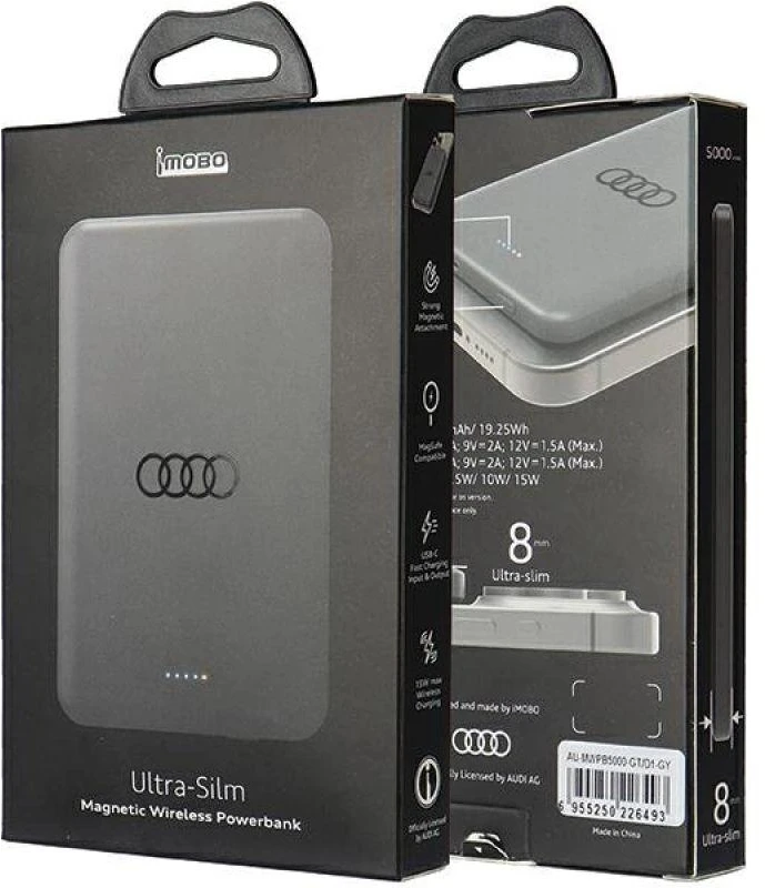 „Audi“ 15 W belaidė išorinė baterija, 5000 mAh, pilka, su dideliu logotipu, „MagSafe“ AU-MWPB5000-GT/D1-GY
