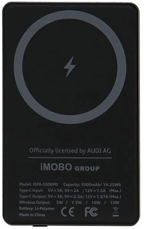 „Audi“ 15 W belaidė išorinė baterija, 5000 mAh, pilka, su dideliu logotipu, „MagSafe“ AU-MWPB5000-GT/D1-GY