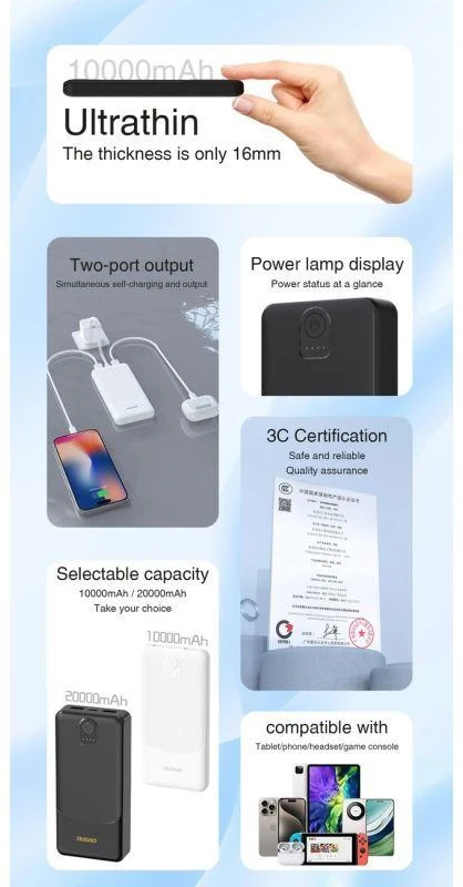 Dudao K10 10000 mAh 2x USB-A 12W balta