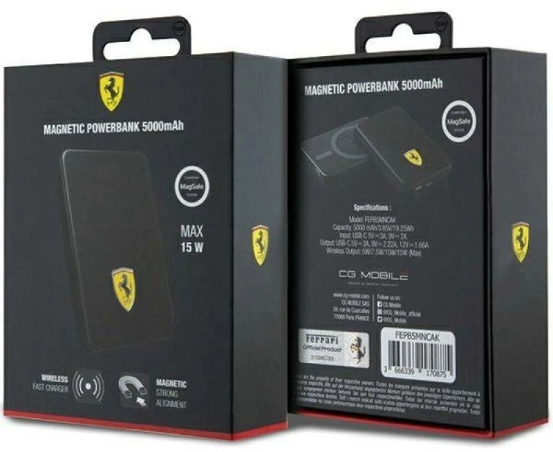 Ferrari Powerbank FEPB5MNCAK 15W 5000mAh juodos spalvos Metal Logo MagSafe