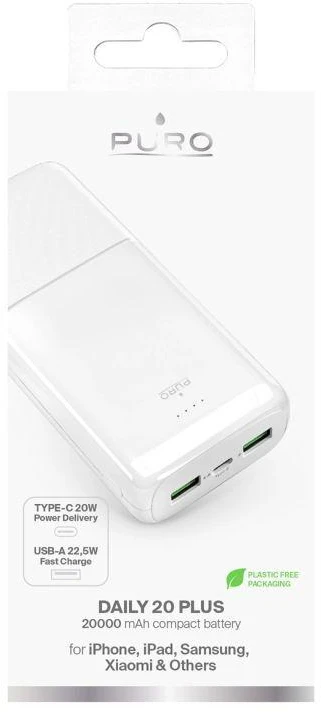 Powerbank Puro DAILY 20 PLUS 20000mAh 2x USB-A / 1x USB-C 22.5W PD AFC - baltas