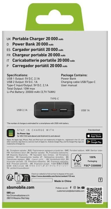 Powerbank Puro Fast 20000 mAh 2x USB-A + 1x USB-C - juodas