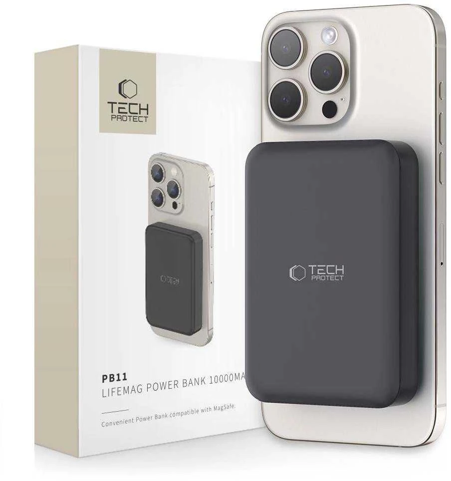 Tech-Protect LifeMag PB11 Powerbank su MagSafe 10000mAh 15W USB-C port – juodos spalvos + USB-C kabelis