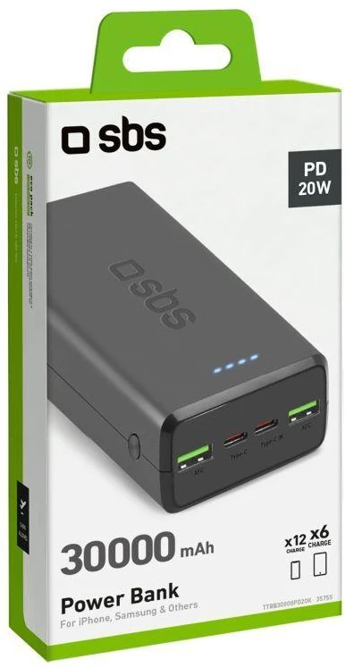 Powerbankas SBS TTBB30000PD20K 30000 mAh 2 x USB-C 2 x USB-A - juodas