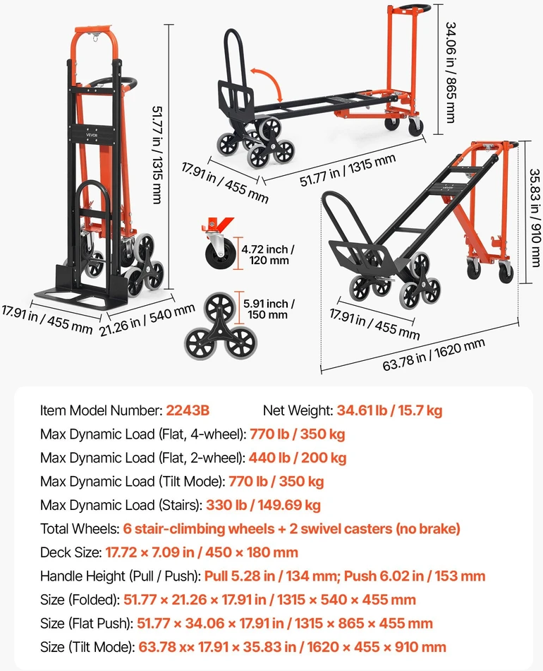 Vevor 3 viename laiptų kopimo vežimėlis, 350 kg, sulankstomas