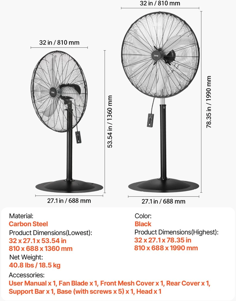 VEVOR 76 cm industrinis pastatomas ventiliatorius, reguliuojamas aukštis
