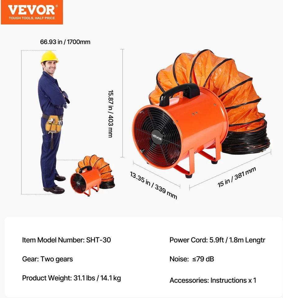 VEVOR Nešiojamas ventiliatorius su kanalu, 365W