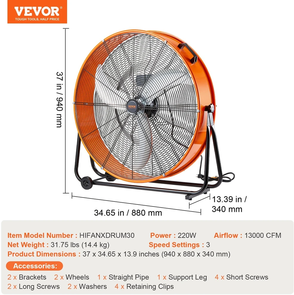 VEVOR Pramoninis būgninis ventiliatorius 76 cm 3 greičiai
