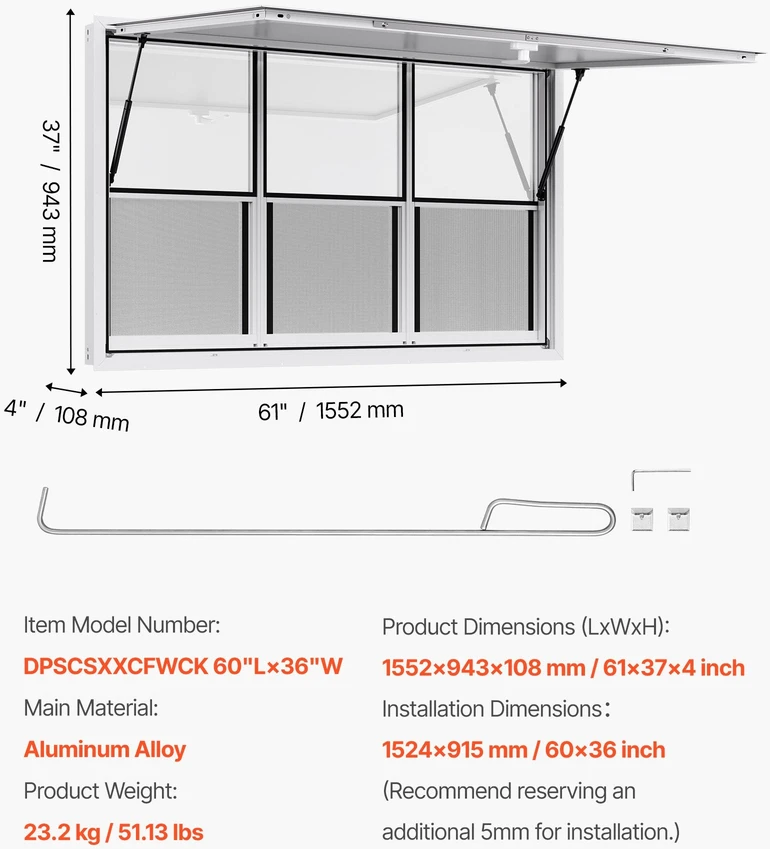 VEVOR 152x92 cm kiosko langas su stogeliu maisto furgonui