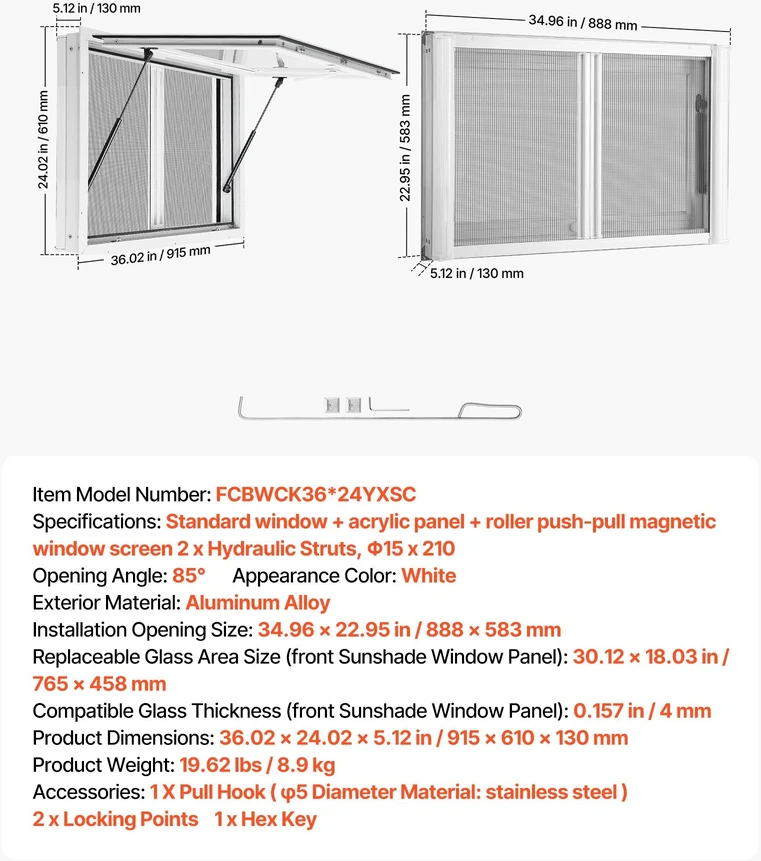 Prekybinis langas VEVOR FCBWCK36*24YXSC, 915x610 mm