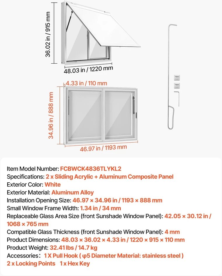 Prekybinis langas VEVOR FCBWCK4836TLYKL2, 1220x915 mm