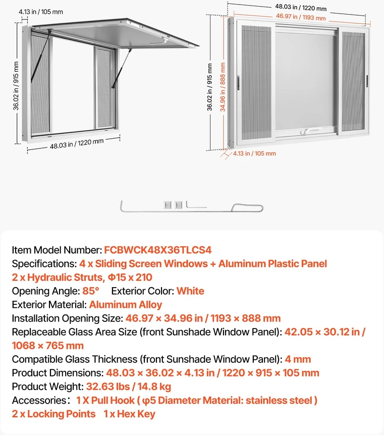 Prekybinis langas VEVOR FCBWCK48X36TLCS4, 1220x915 mm