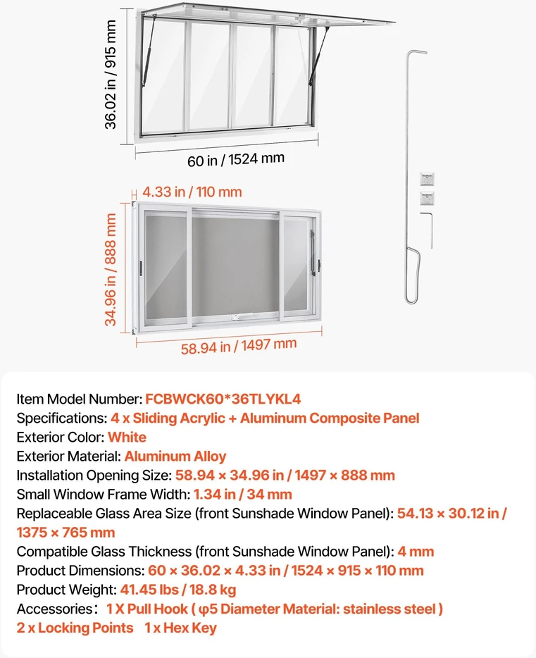 Prekybinis langas VEVOR FCBWCK60*36TLYKL4, 1524x915 mm