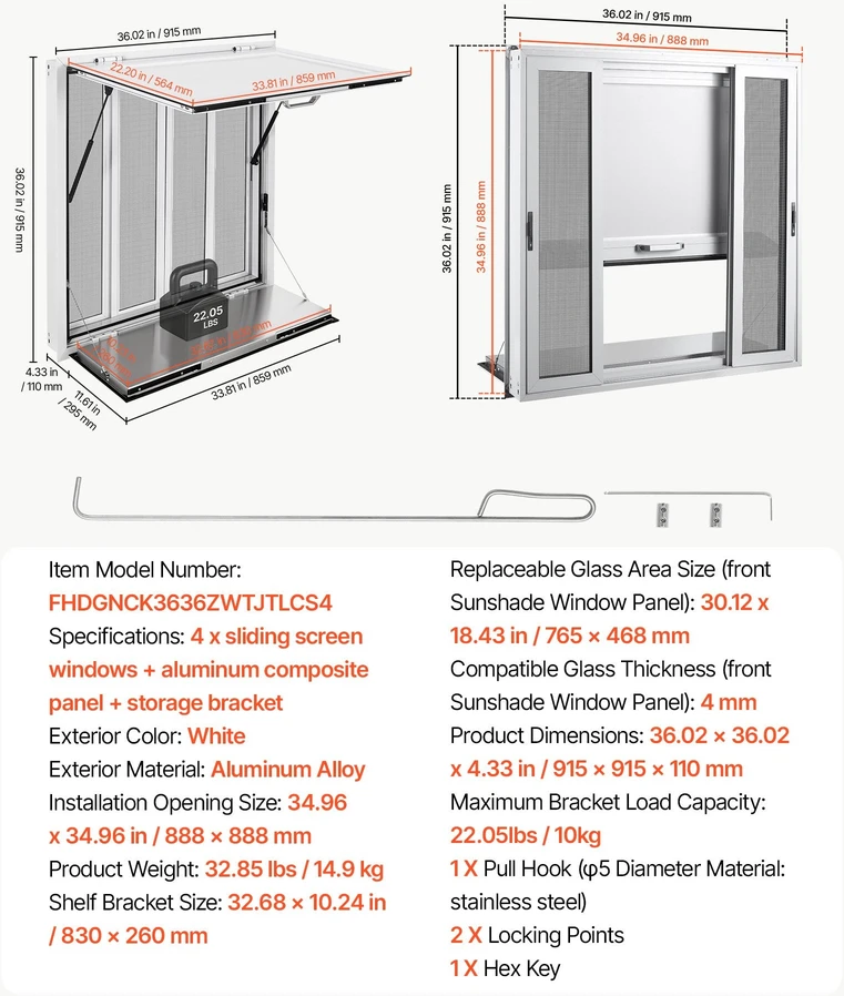 Prekybinis langas VEVOR FHDGNCK3636ZWTJTLCS4, 915x915 mm