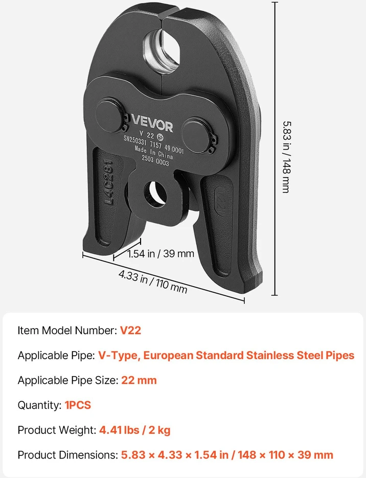 VEVOR V22 spaudimo žandikaulis 22 mm V tipo vamzdžiams