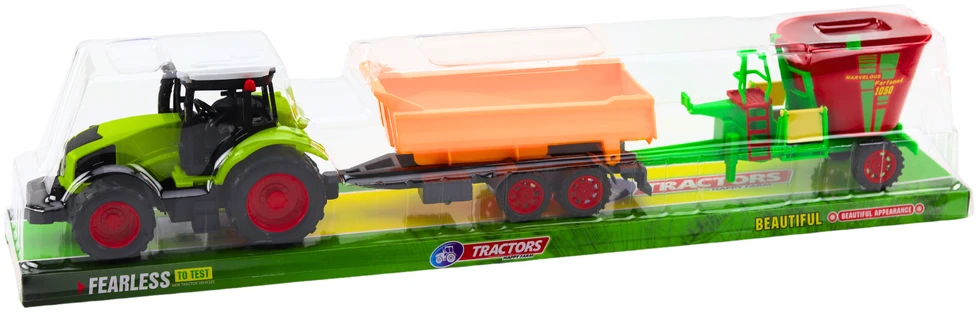 Lean Toys Traktorius su atsidarančia priekaba ir pašarų vežimu