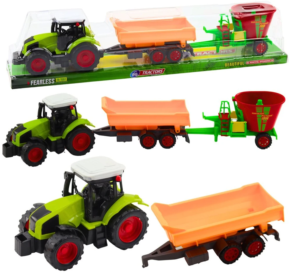 Lean Toys Traktorius su atsidarančia priekaba ir pašarų vežimu