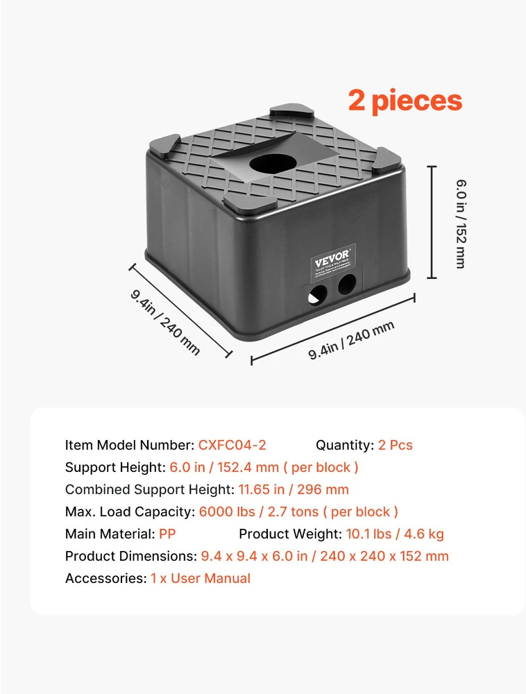 VEVOR Priekabos atraminiai blokai 2 vnt 152 mm 2.7 tonos