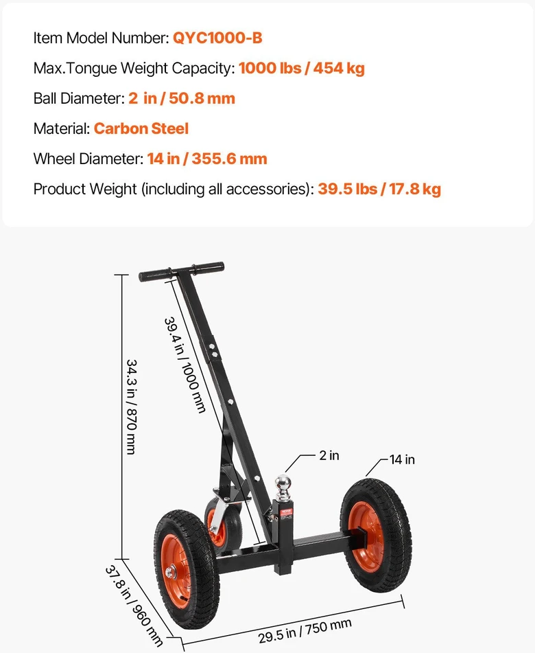VEVOR Priekabų vežimėlis 454 kg, 16,7–22 cm aukštis