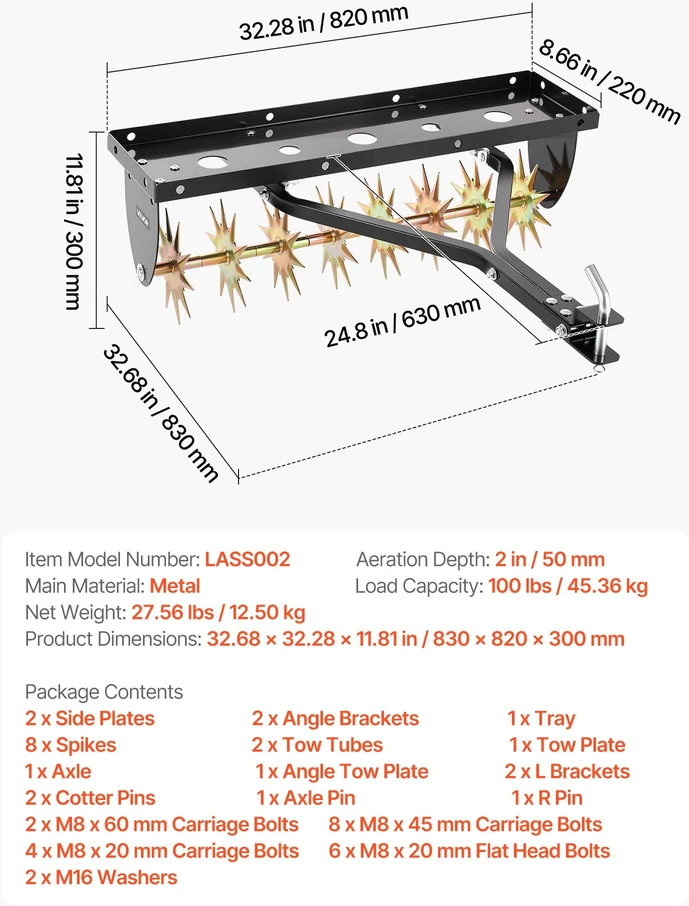 Vevor 31 cm kištukinis aeratorius traktoriams