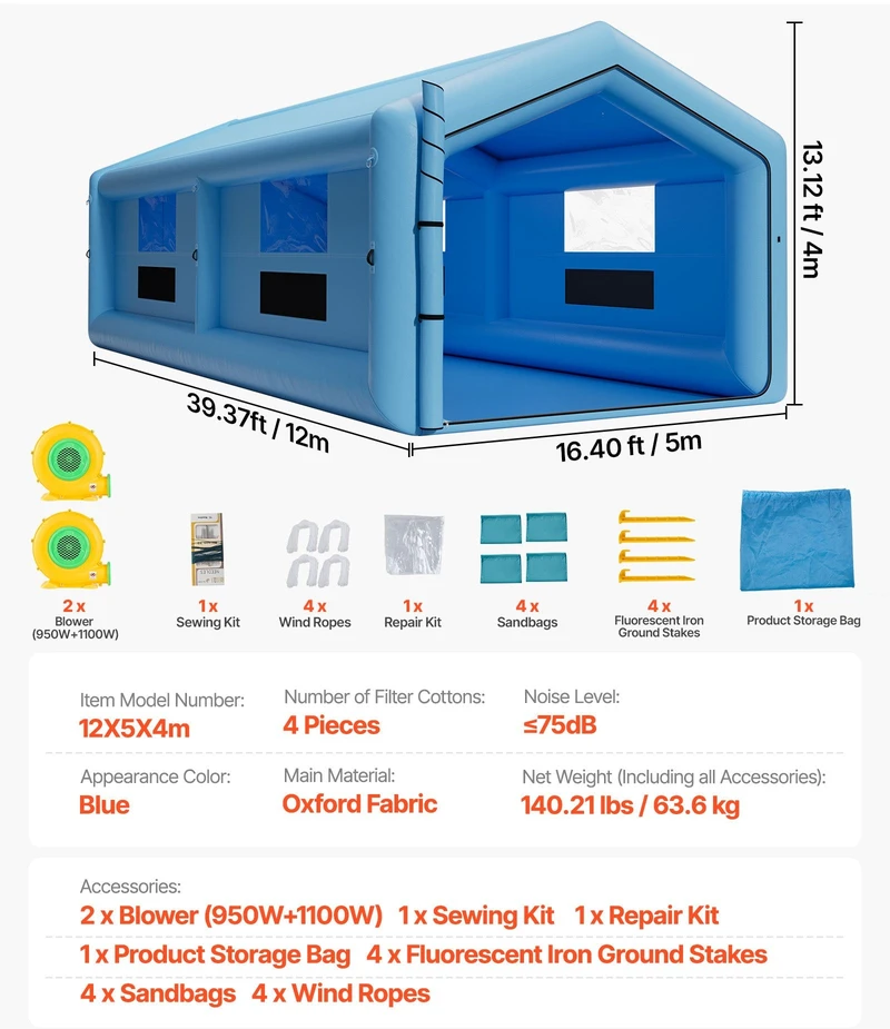 VEVOR Pripučiamas dažymo paviljonas, 12 x 5 x 4 m