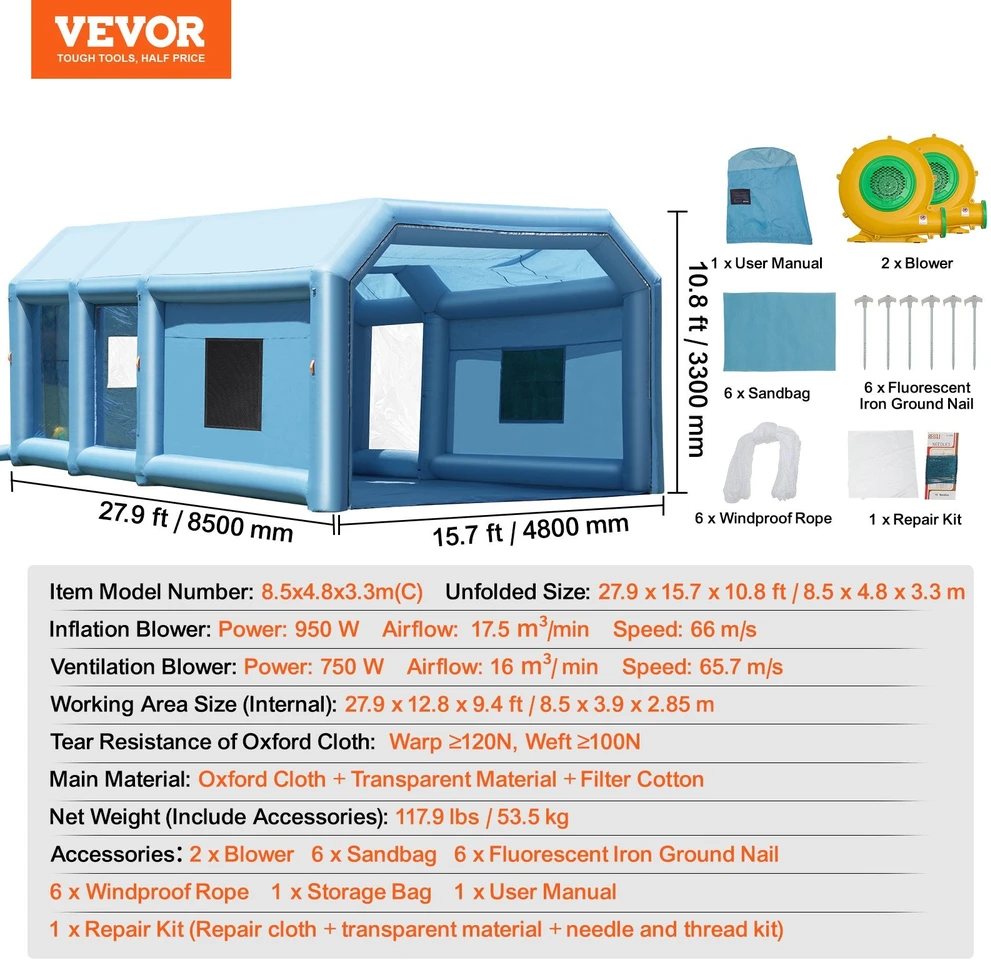 VEVOR Pripučiamas dažymo stendas 8.5x4.8x3.3 m