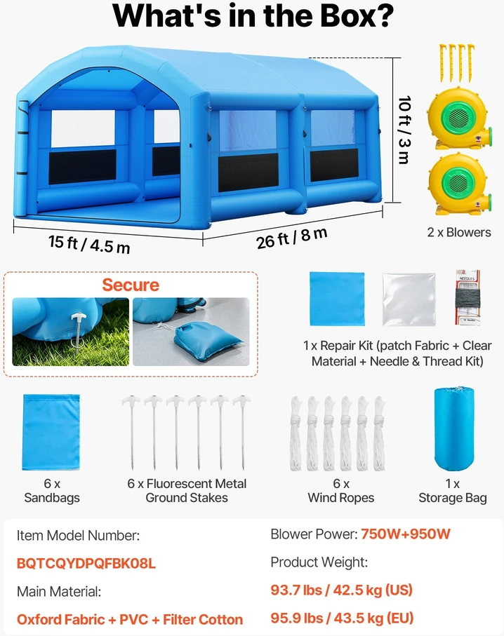 Pripučiama dažymo kamera VEVOR BQTCQYDPQFBK08L, 8 x 4,5 x 3 m