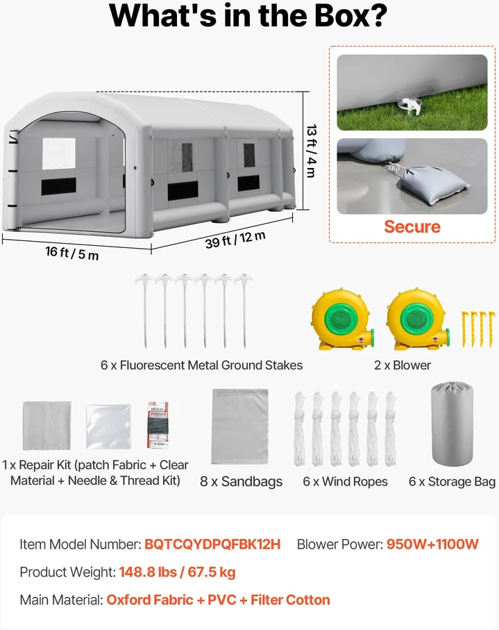 Pripučiama dažymo kamera VEVOR BQTCQYDPQFBK12H, 12 x 5 x 4 m