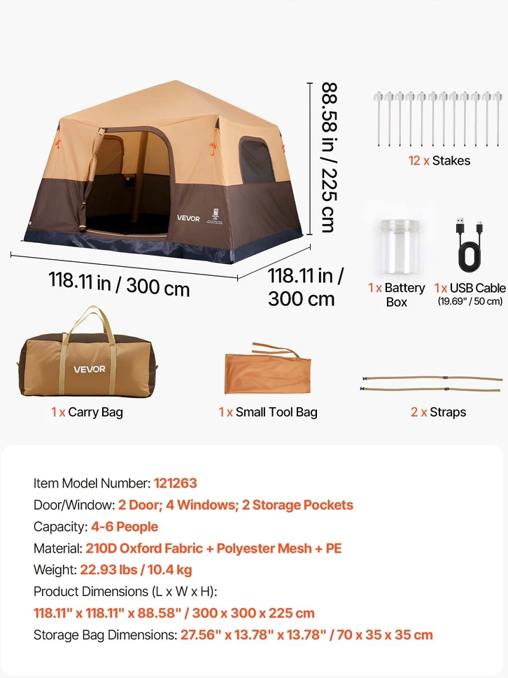 Pripučiama kempingo palapinė VEVOR 121263, 6 vietų