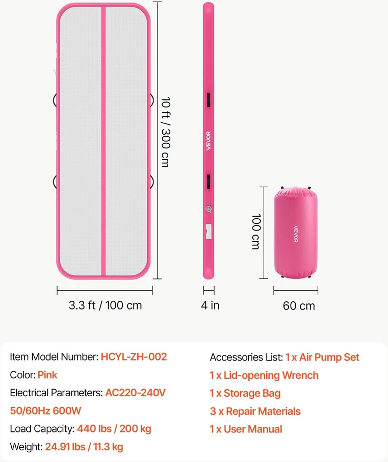 VEVOR Pripučiama gimnastikos oro kilimėlis su cilindru 3 m