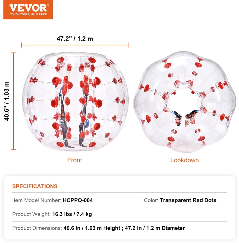 VEVOR Pripučiamas buferinis kamuolys 1vnt, 1.2 m zorb kamuoliai