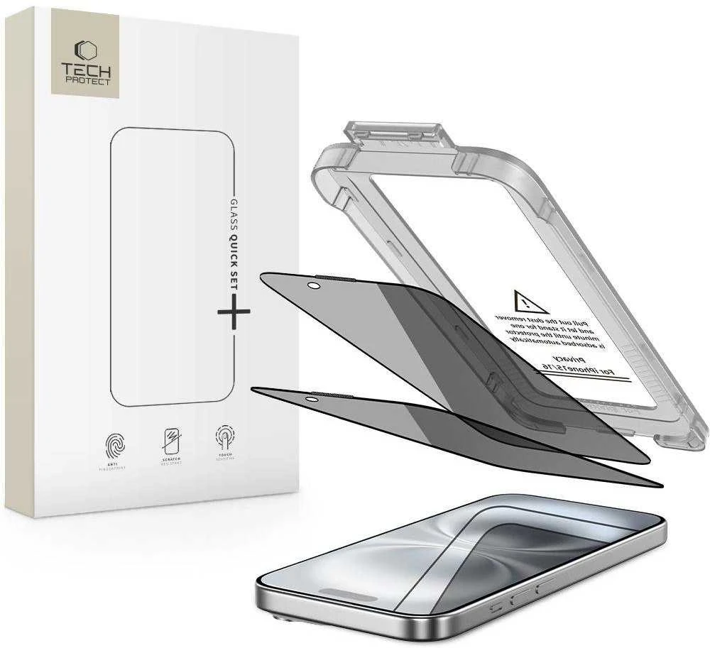 „Tech-Protect Quick Set Spy+“ privatumo stiklų, skirtų „iPhone 15“ / „16“, 2 vnt. pakuotėje