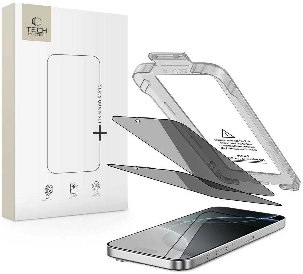 „Tech-Protect Quick Set Spy+“ privatumo stiklų, skirtų „iPhone 16 Pro Max“, 2 vnt. pakuotėje