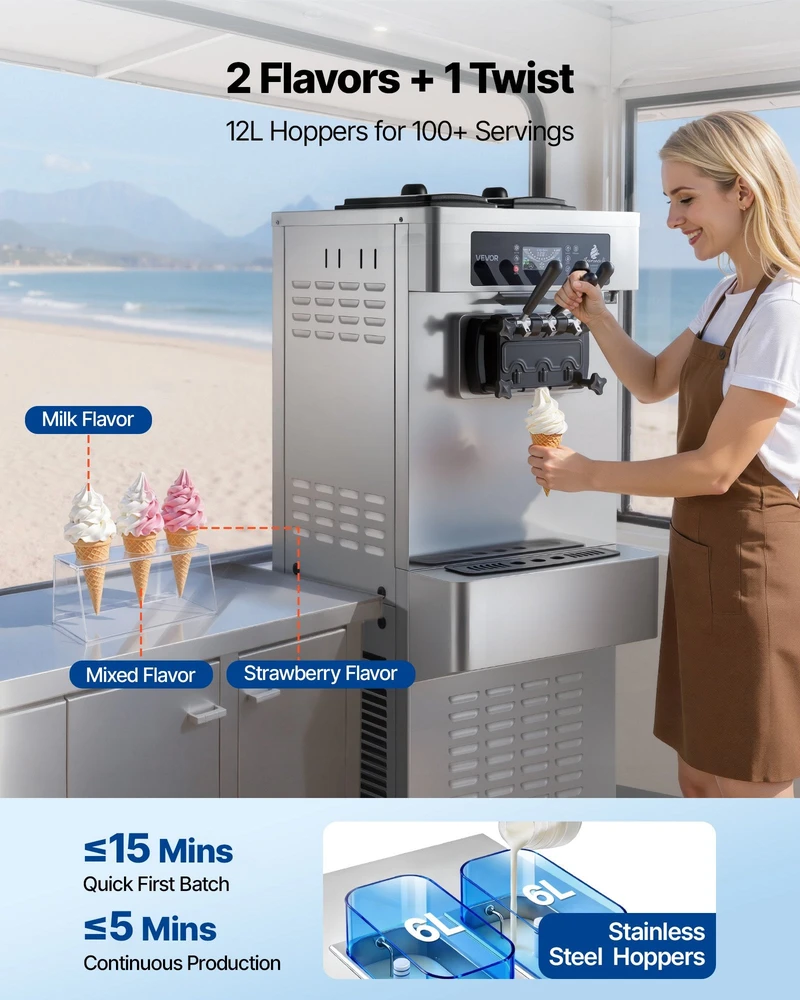VEVOR Komercinis ledų gaminimo aparatas, 2200W, 3 skonių