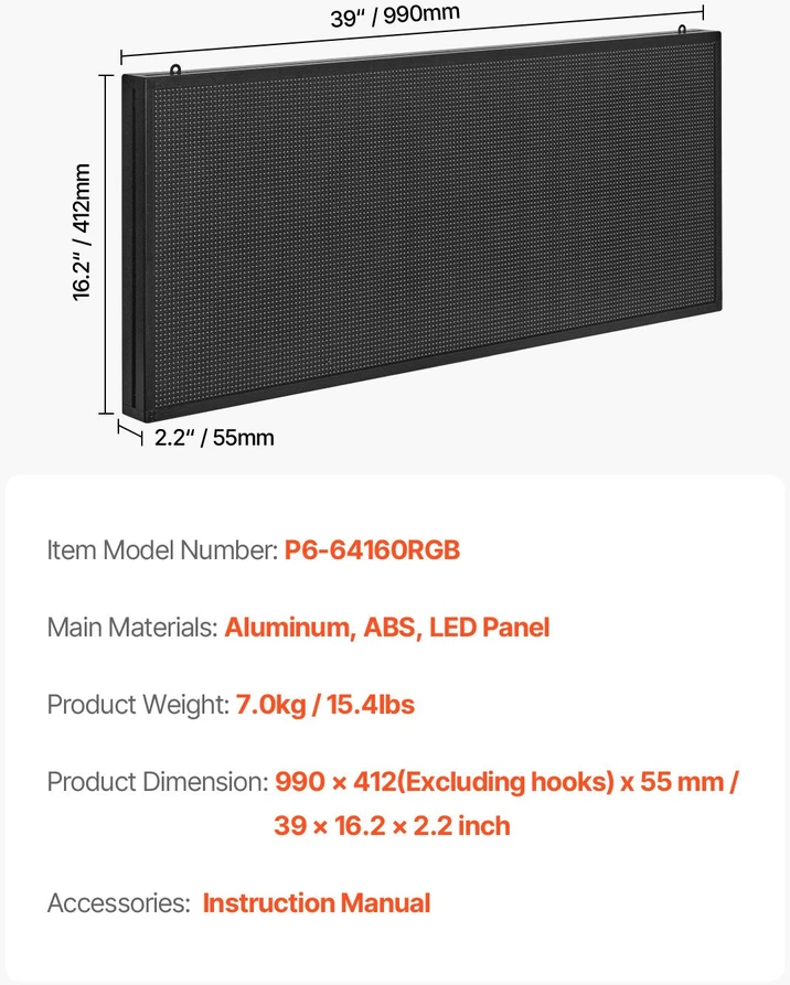 VEVOR 40x18 colių programuojamas LED ekranas