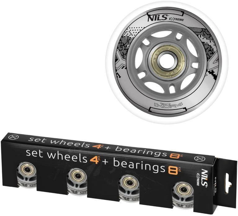 PU 64x24 82A Baltas (4 vnt.) + ABEC-7 (8 vnt.) NILS EXTREME KOMPLEKTAS